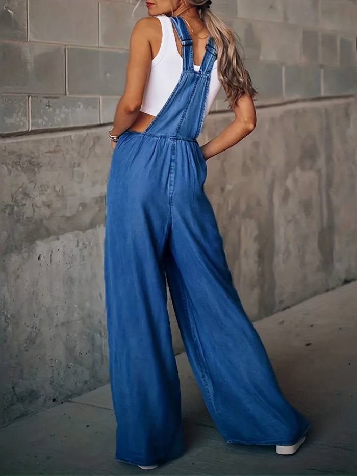 Blue Ripped Holes Denim Jumpsuit, Loose Fit Non-Stretch Casual Wide Legs Denim Overalls, Women's Denim Clothing