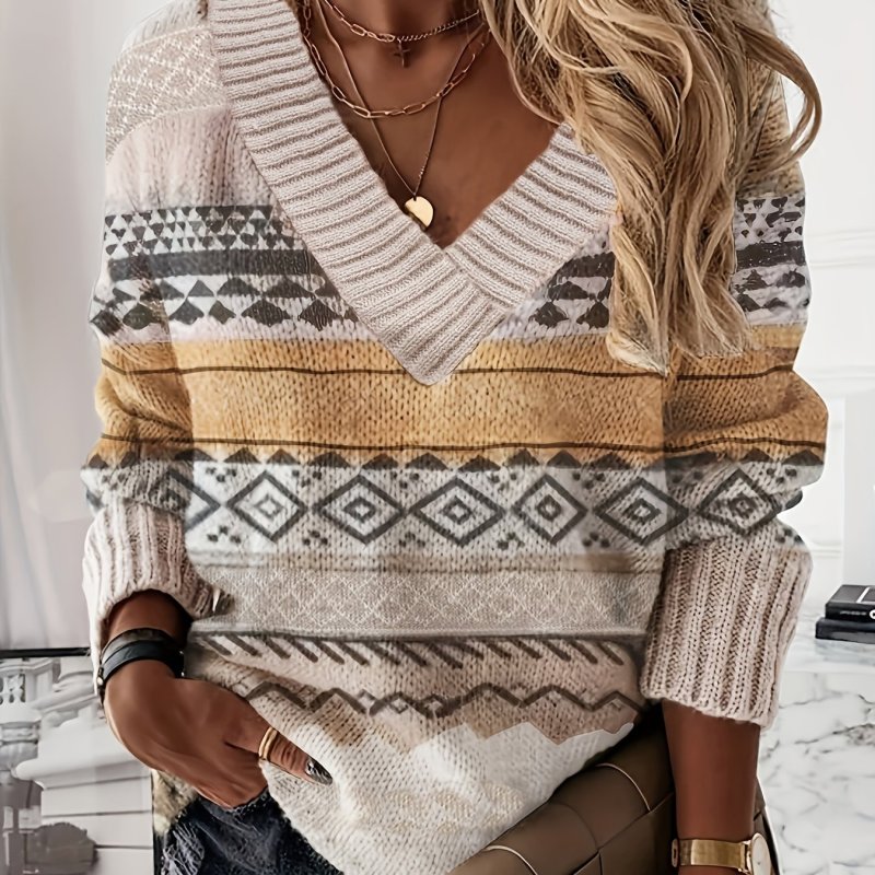 Geometric Pattern V Neck Knitted Top, Casual Long Sleeve Sweater For Fall & Winter, Women's Clothing