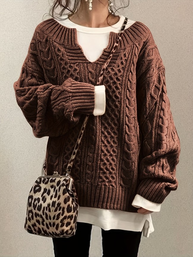 Solid Cable Knit Sweater, Casual V Neck Long Sleeve Sweater, Women's Clothing