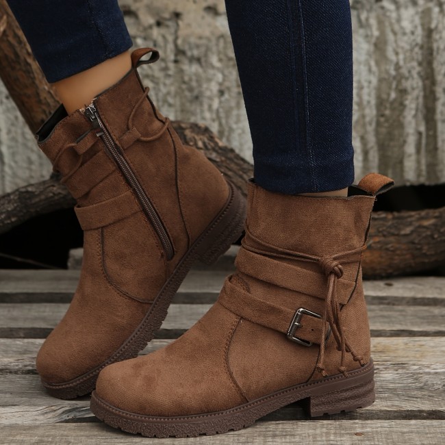 Women's Buckle Strap Decor Boots, Fashion Round Toe Solid Color Lace Up Side Zipper Platform Boots, Versatile & Comfortable Shoes