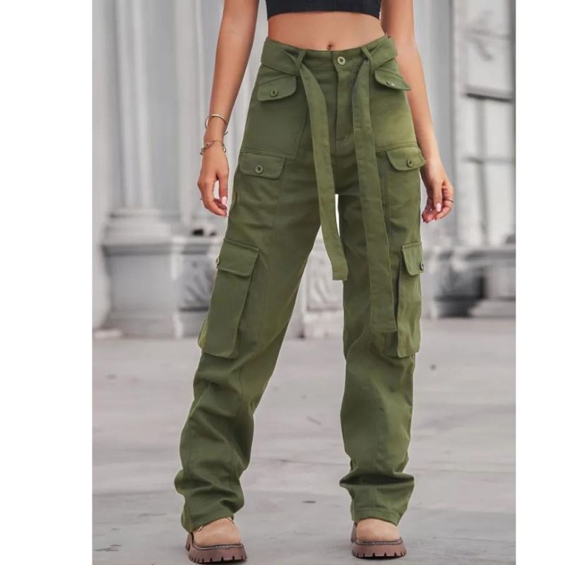 Multi-Pocket Baggy Cargo Pants, Loose Fit Non-Stretch With Belt Straight Jeans