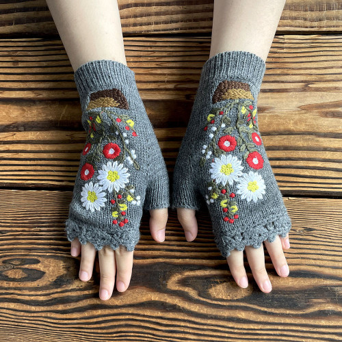 Hand Knit Fingerless Embroidery Floral Winter Woolen Gloves Warm Fleece Lined Gloves