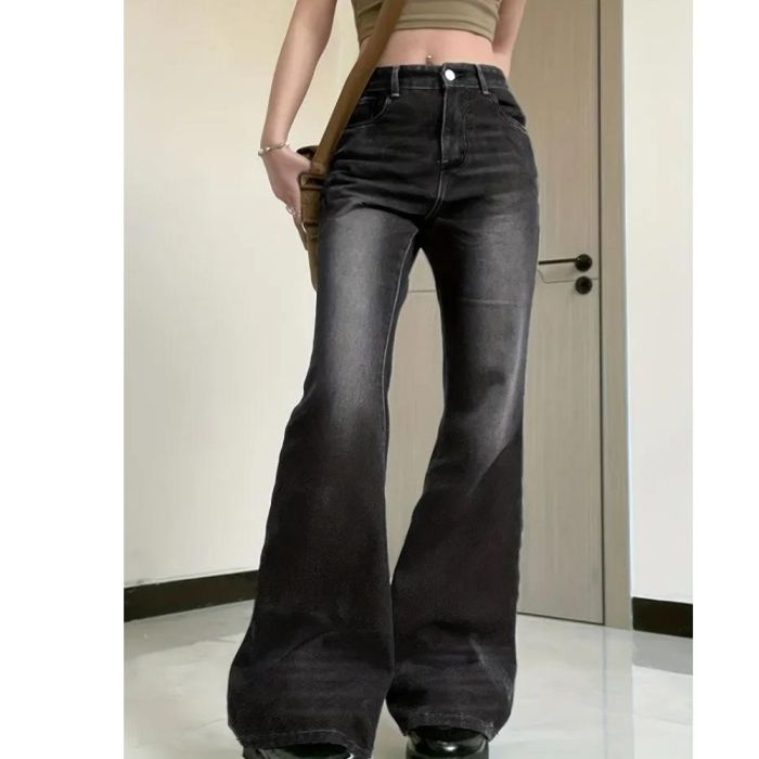 Black Whiskered Bell Bottom Jeans, Slant Pockets Wide Legs Non-Stretch Flare Jeans