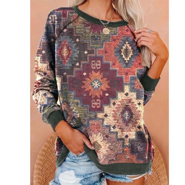 Aztec Print Pullover Sweatshirt, Casual Raglan Sleeve Crew Neck Sweatshirt For Fall & Winter, Women's Clothing