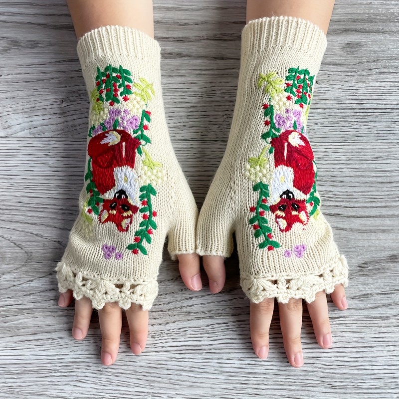 Winter Knit Gloves, Handmade Embroidery, Knitted Gloves Arm Warmer For Women Girls