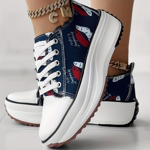 Women's Colorblock Flatform Canvas Shoes, Low-top Round Toe Lace Up Casual Shoes, Outdoor Comfy Daily Shoes