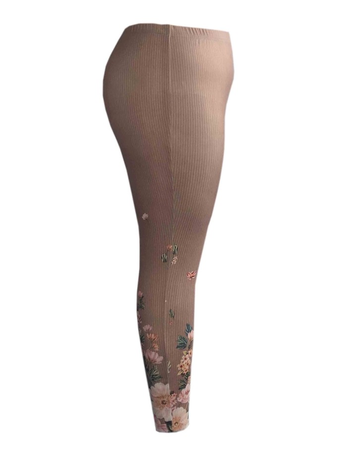 Plus Size Casual Leggings, Women's Plus Ribbed Floral Print Medium Stretch Slim Fit Leggings