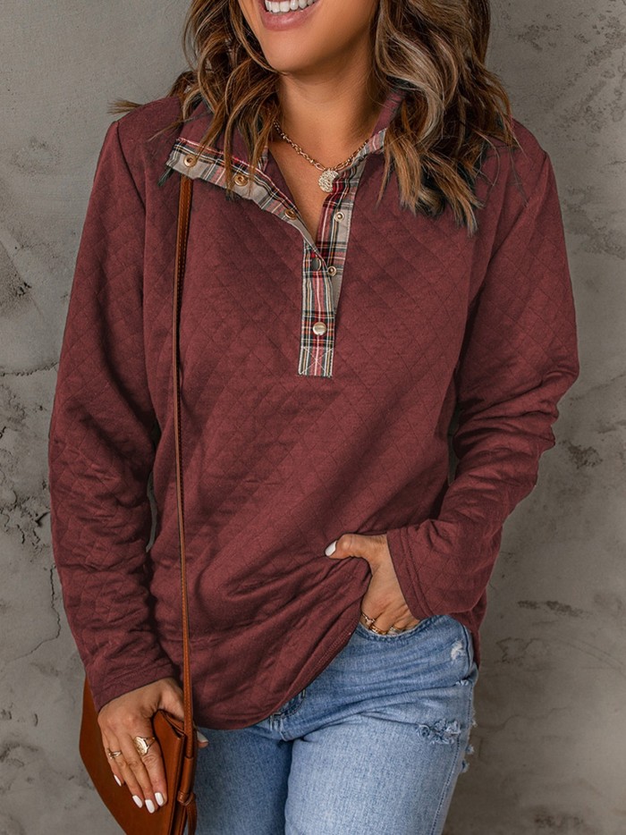 Women's Sweatshirt Casual Geometric Texture Plaid Trim Long Sleeve Button Fashion Loose Pullover