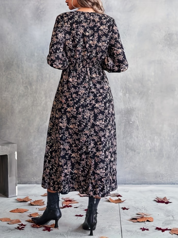 Ditsy Floral Print Midi Dress, Boho V Neck Long Sleeve Dress