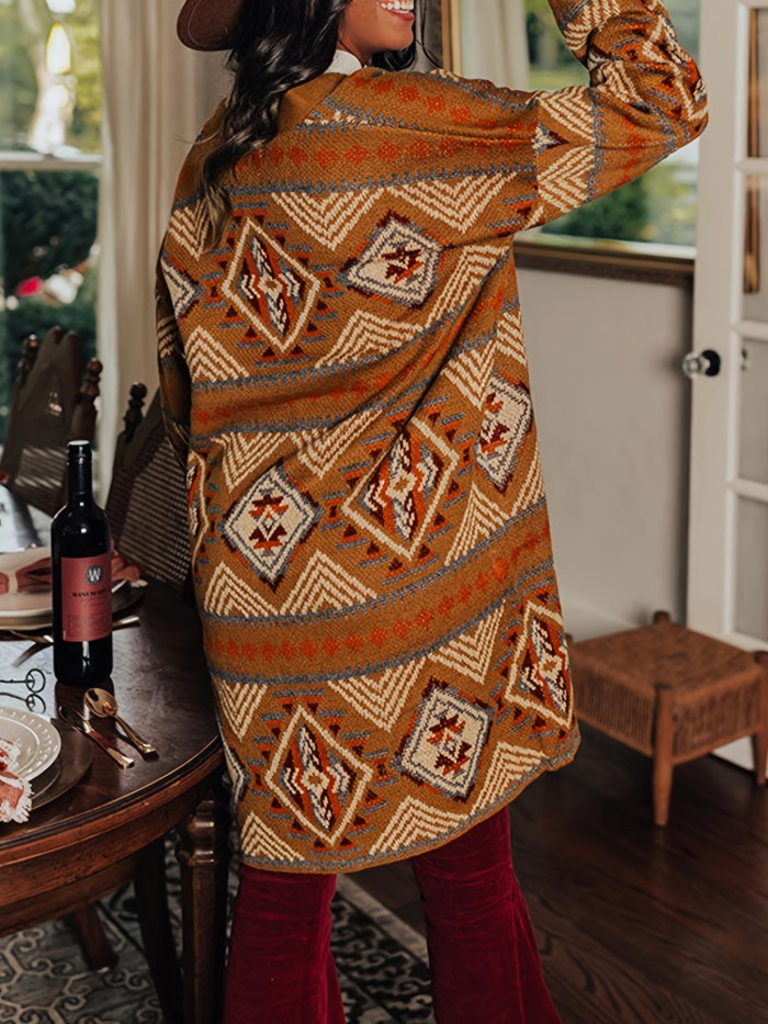 Western Aztec Pattern Knit Cardigan, Casual Open Front Long Sleeve Sweater, Women's Clothing