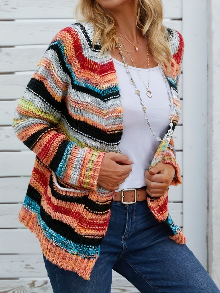 Rainbow Striped Open Front Cardigan, Casual Long Sleeve Cardigan For Spring & Fall, Women's Clothing