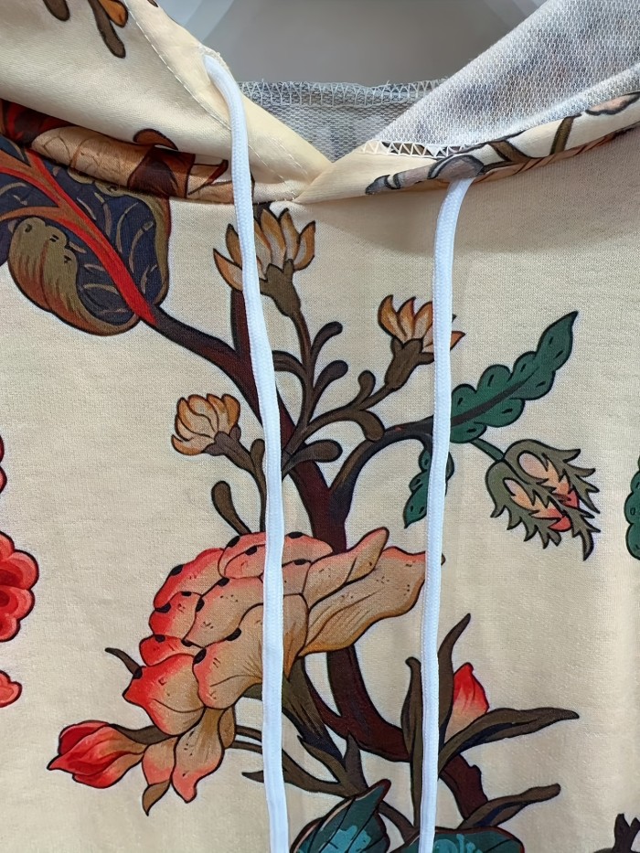 Floral Print Kangaroo Pocket Hoodie, Casual Long Sleeve Drawstring Hoodies Sweatshirt, Women's Clothing