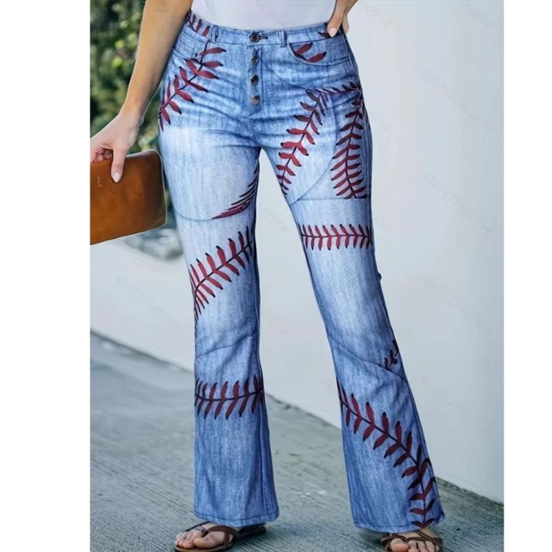 Leaf Print Single-breasted Flare Leg Jeans, Blue Casual Button Fly Slash Pocket Boot Cut Denim Pants, Women's Denim Jeans & Clothing