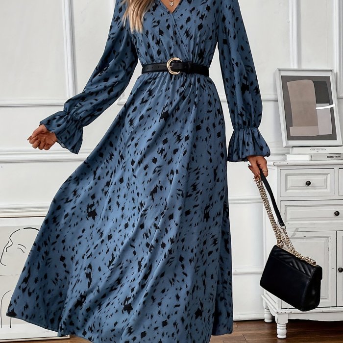 Allover Print Maxi Dress, Casual V Neck Ruffle Trim Dress