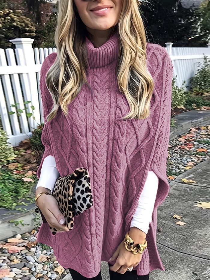 Solid Turtle Neck Pullover Sweater, Elegant Spilt Sleeve Sweater For Fall & Winter, Women's Clothing