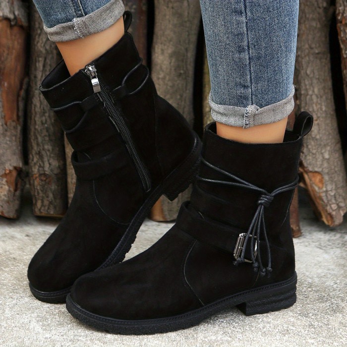 Women's Buckle Strap Decor Boots, Fashion Round Toe Solid Color Lace Up Side Zipper Platform Boots, Versatile & Comfortable Shoes