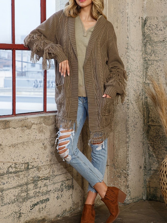 Solid Open Front Cable Knit Cardigan, Casual Tassel Trim Long Sleeve Pocket Sweater, Women's Clothing