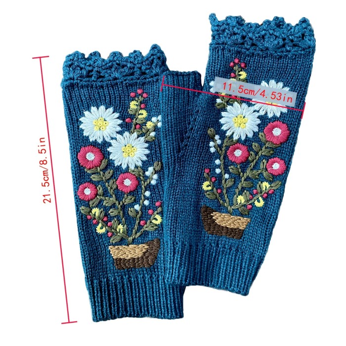 Hand Knit Fingerless Embroidery Floral Winter Woolen Gloves Warm Fleece Lined Gloves