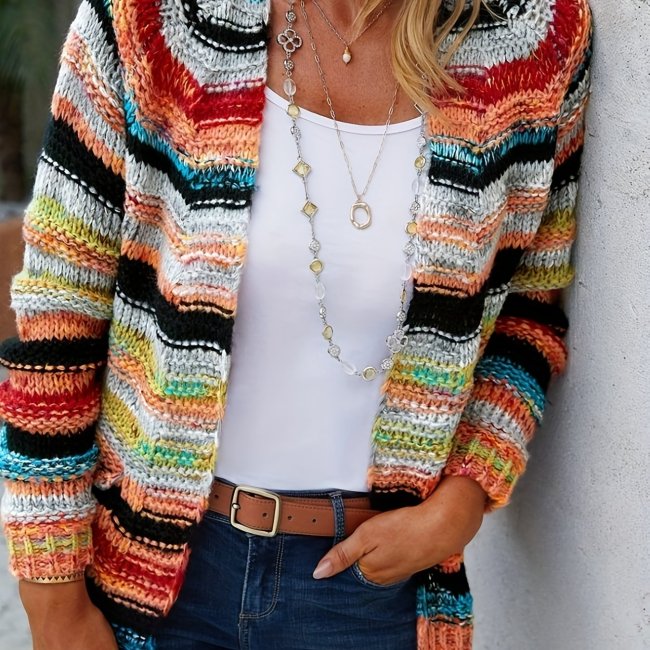 Rainbow Striped Open Front Cardigan, Casual Long Sleeve Cardigan For Spring & Fall, Women's Clothing