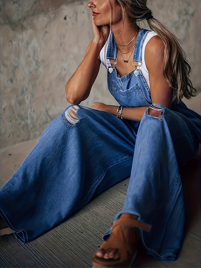 Blue Ripped Holes Denim Jumpsuit, Loose Fit Non-Stretch Casual Wide Legs Denim Overalls, Women's Denim Clothing
