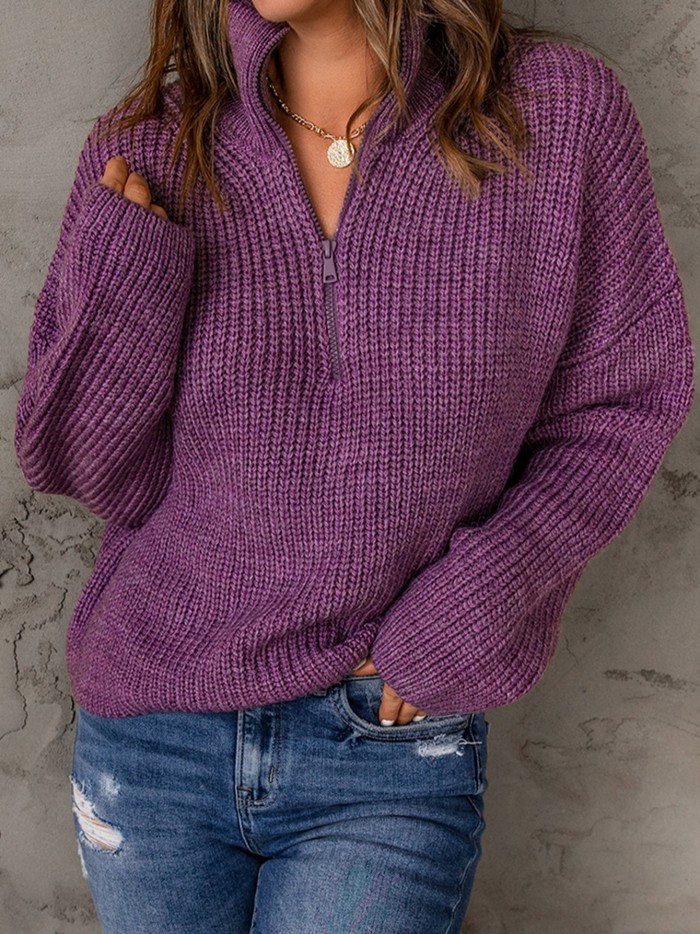 Women's Sweater Purple Zipped Turtleneck Drop Shoulder Knit Sweater