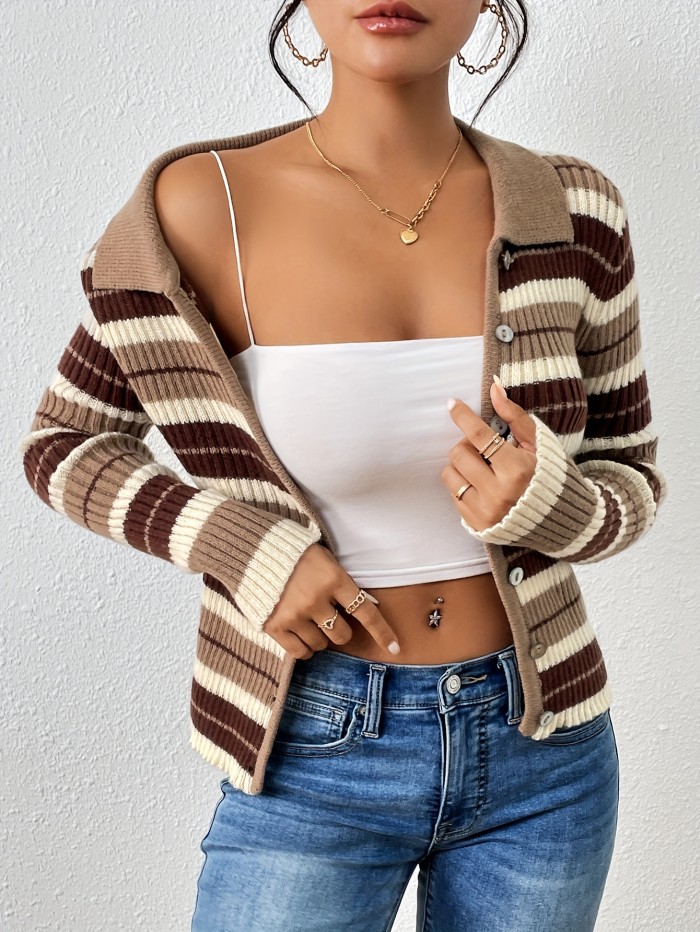 Striped Flat Collar Button Up Cardigan, Casual Long Sleeve Cardigan For Spring & Fall, Women's Clothing
