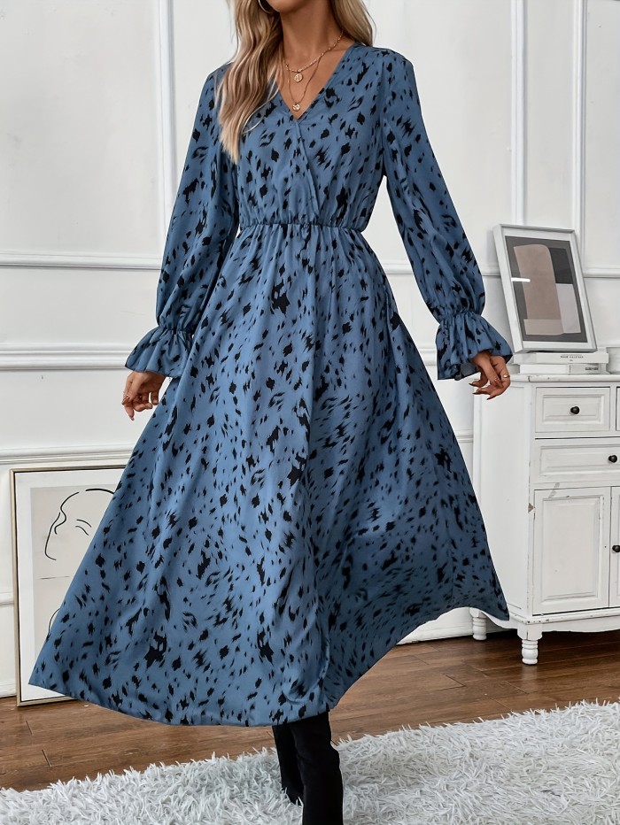 Allover Print Maxi Dress, Casual V Neck Ruffle Trim Dress