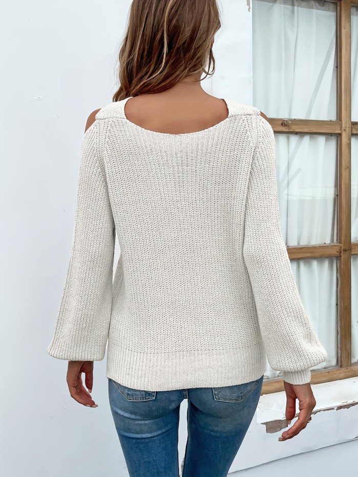 Criss Cross Neck Knitted Sweater, Elegant Cold Shoulder Long Sleeve Sweater For Spring & Fall, Women's Clothing