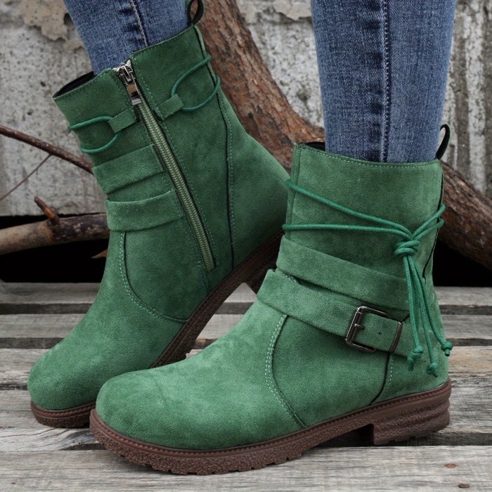 Women's Buckle Strap Decor Boots, Fashion Round Toe Solid Color Lace Up Side Zipper Platform Boots, Versatile & Comfortable Shoes