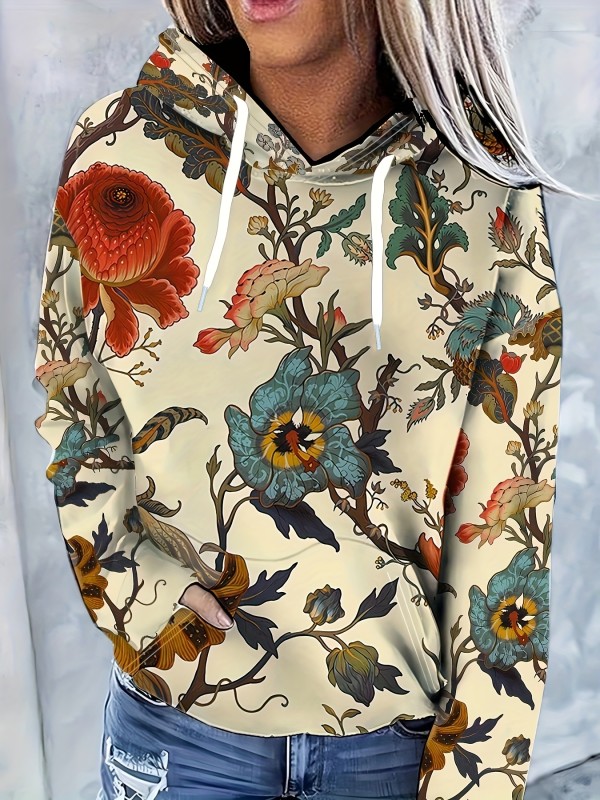 Floral Print Kangaroo Pocket Hoodie, Casual Long Sleeve Drawstring Hoodies Sweatshirt, Women's Clothing
