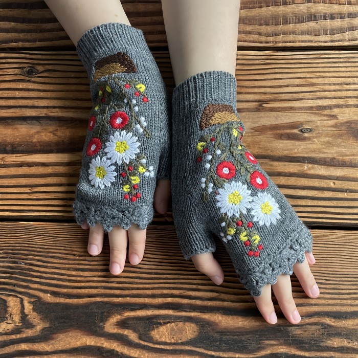 Hand Knit Fingerless Embroidery Floral Winter Woolen Gloves Warm Fleece Lined Gloves