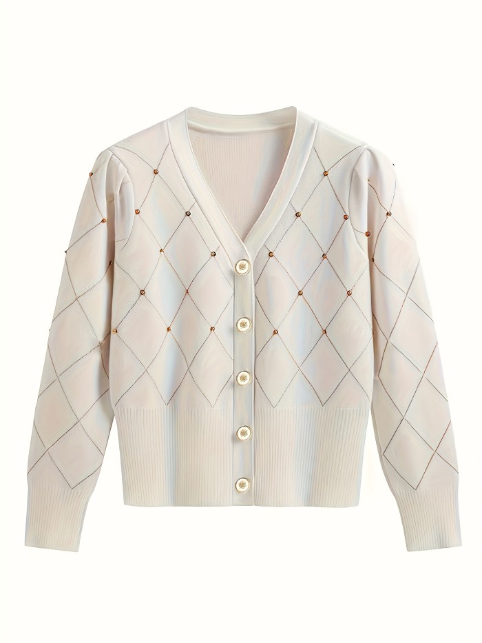 Plaid Beaded Cardigan, Elegant V-neck Long Sleeve Cardigan For Fall & Winter, Women's Clothing
