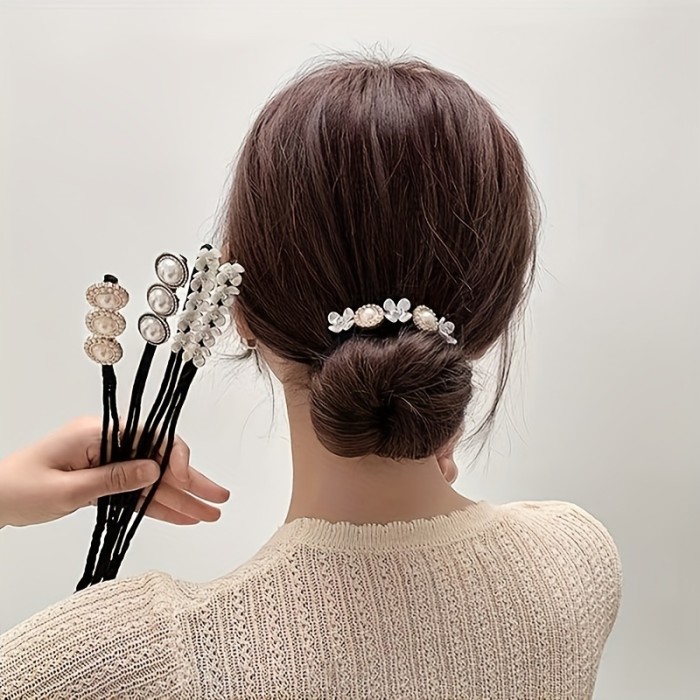 Rhinestone Magic Hair Bun Maker - Elegant Headdress Hair Curler with Peal and Flower - Stylish Hair Accessory for Women