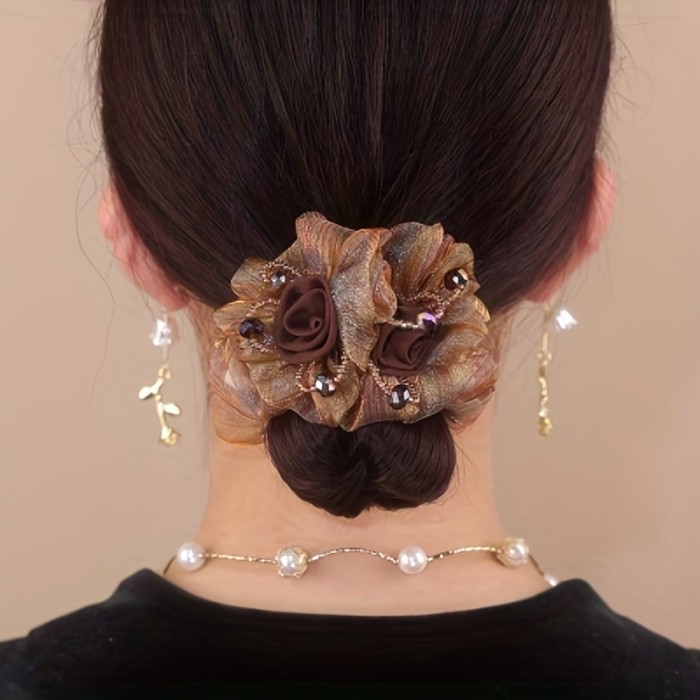 Vintage Scrunchies Mesh Flower Beaded Hair Rie Elegant Hair Rope For Ponytail Bun Holder Women Girls Hair Accessories S