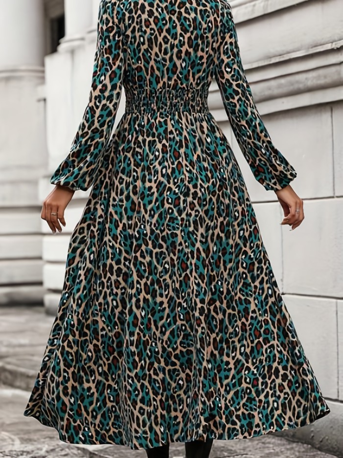 Leopard Print Shirred Waist Dress, Casual Long Sleeve Maxi Dress