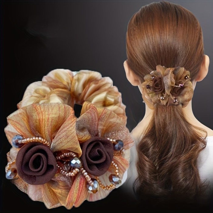 Vintage Scrunchies Mesh Flower Beaded Hair Rie Elegant Hair Rope For Ponytail Bun Holder Women Girls Hair Accessories S