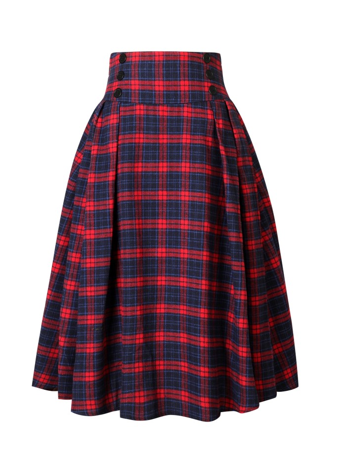 High Waist Button Plaid Ruffled Hem Skirt, Vintage Loose Stylish Midi Skirt