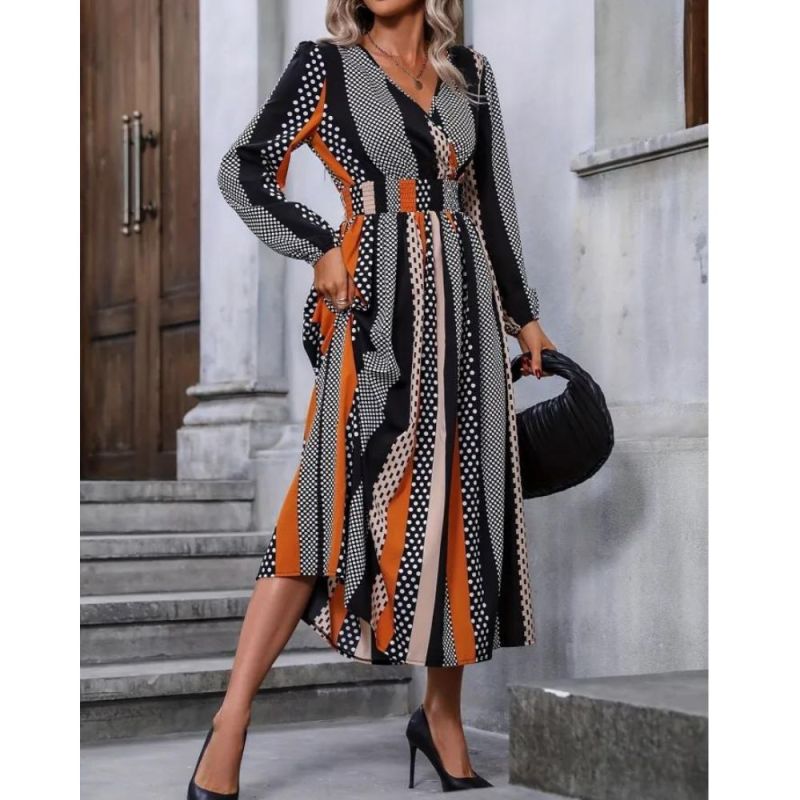 Striped Shirred Waist Dress, Elegant V Neck Long Sleeve Dress