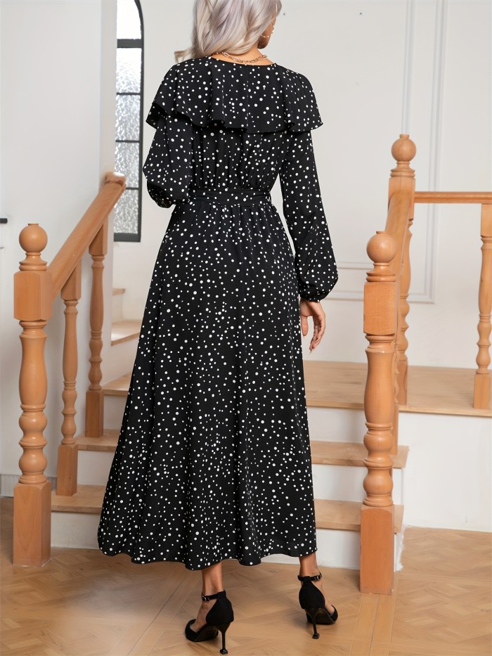 Allover Print Ruffle Trim Dress, Elegant V Neck Long Sleeve Split Dress
