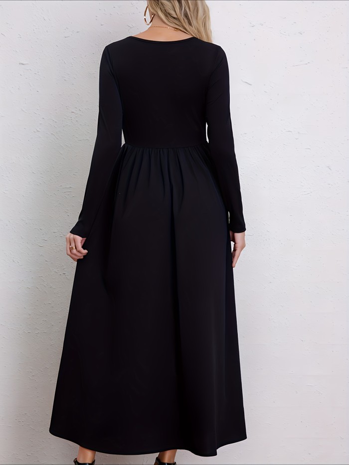 Solid Scoop Neck Maxi Dress, Casual Long Sleeve Versatile Dress