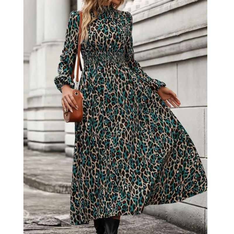 Leopard Print Shirred Waist Dress, Casual Long Sleeve Maxi Dress