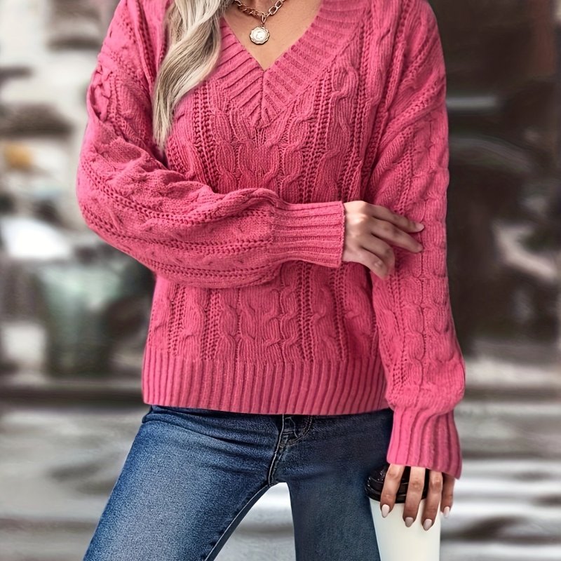 Solid V Neck Cable Knit Sweater, Casual Long Sleeve Sweater For Fall & Winter