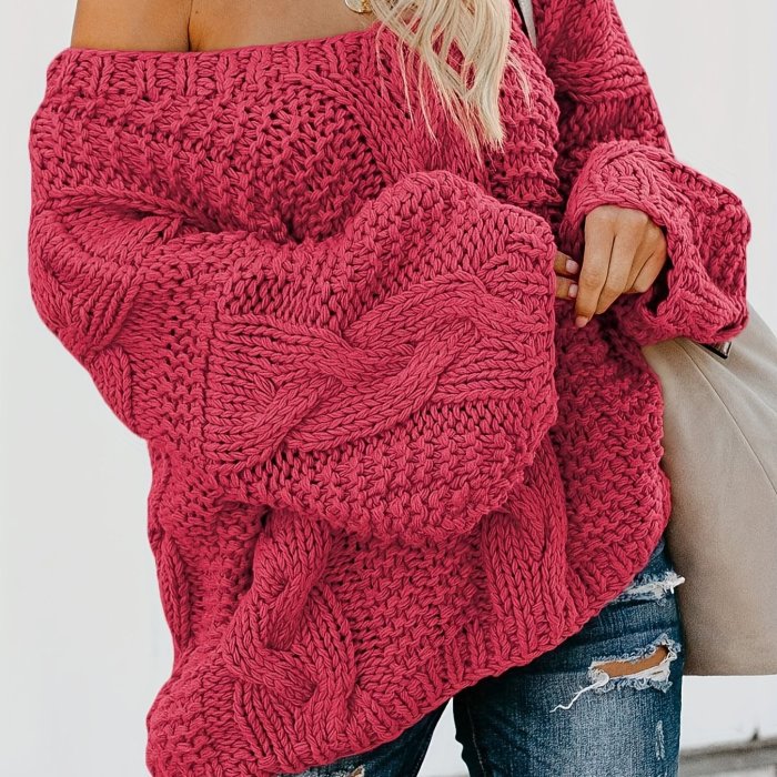 Solid V Neck Cable Knit Sweater, Casual Long Sleeve Oversized Sweater For Fall & Winter