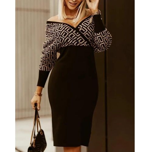 Retro Geo Print Bodycon Dress, Long Sleeve V-neck Waist Fall Winter Dresses