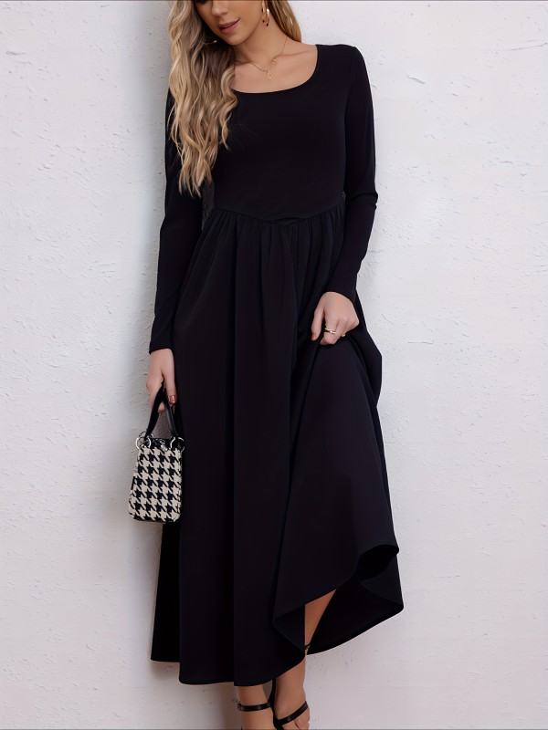 Solid Scoop Neck Maxi Dress, Casual Long Sleeve Versatile Dress