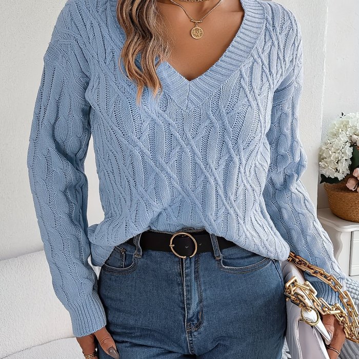 Solid V Neck Cable Knit Sweater, Casual Long Sleeve Soft Sweater