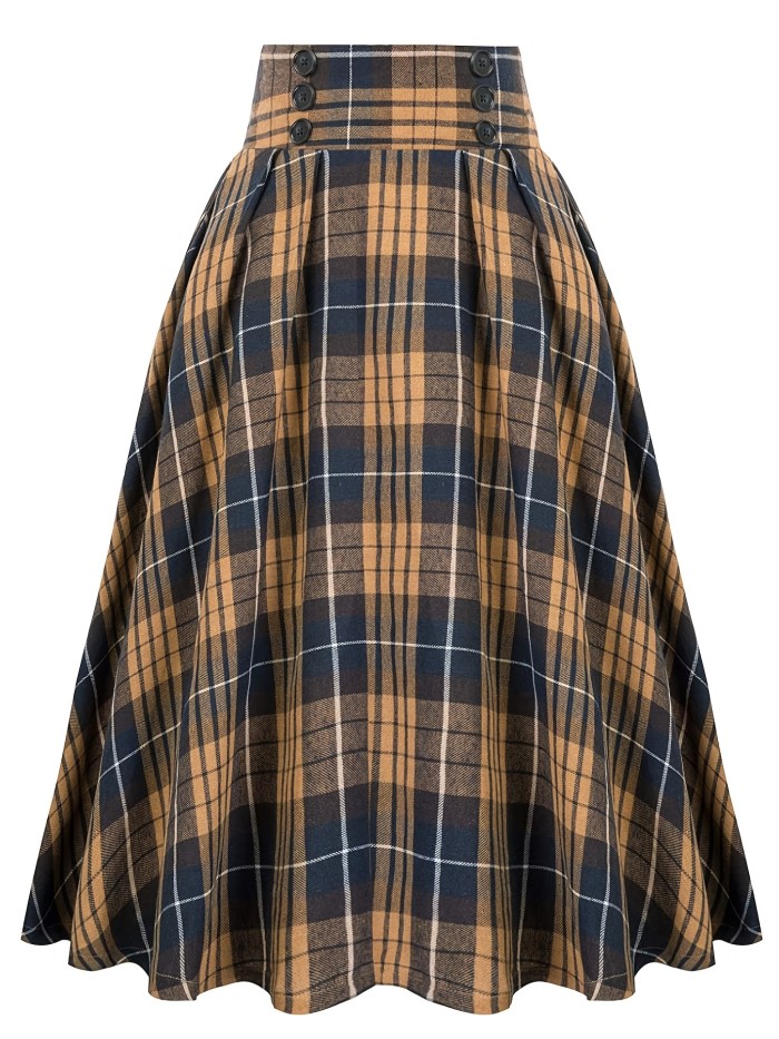 High Waist Button Plaid Ruffled Hem Skirt, Vintage Loose Stylish Midi Skirt