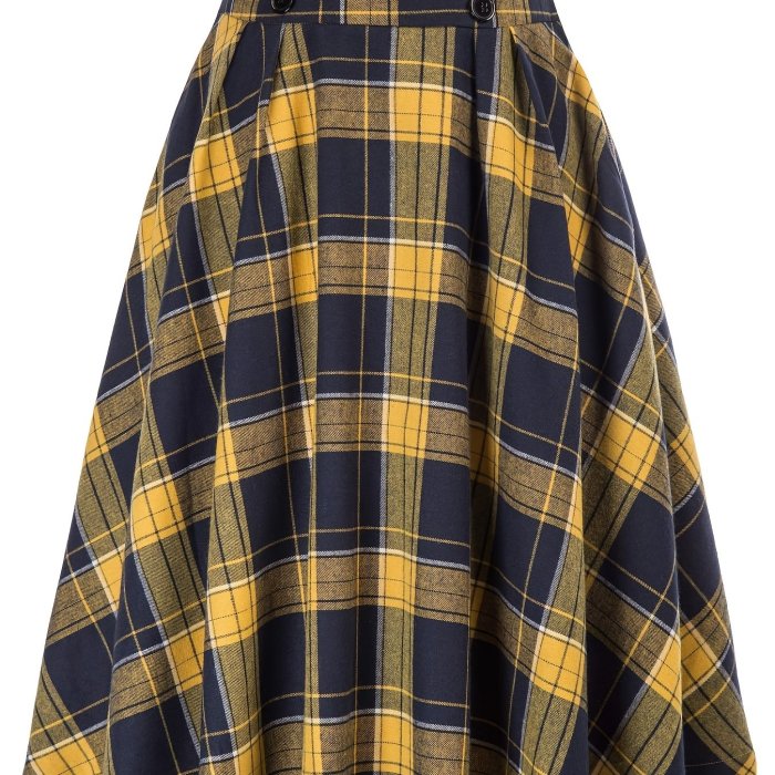 High Waist Button Plaid Ruffled Hem Skirt, Vintage Loose Stylish Midi Skirt