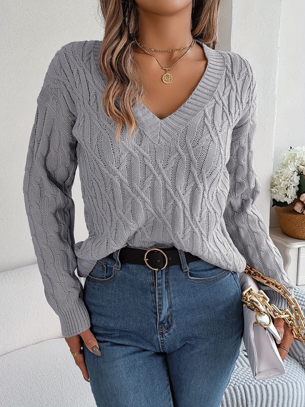 Solid V Neck Cable Knit Sweater, Casual Long Sleeve Soft Sweater