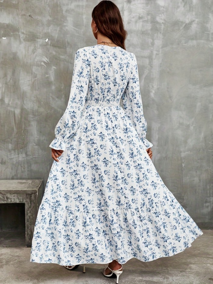 Floral Print Shirred Waist Dress, Vacation V Neck Long Sleeve Dress